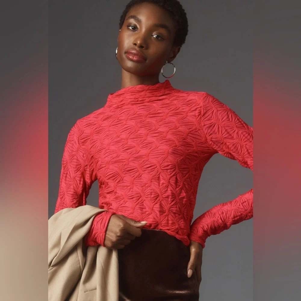 Maeve Anthropologie Pink Popcorn Smocked Mock Neck Long Sleeve Top Medium NWT